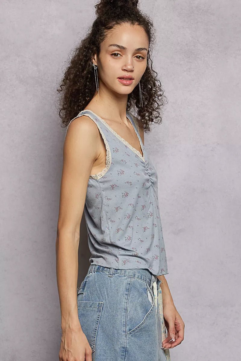 POL Ruched Floral V - Neck Tank with Lace Detail - PBNJ FASHIONS