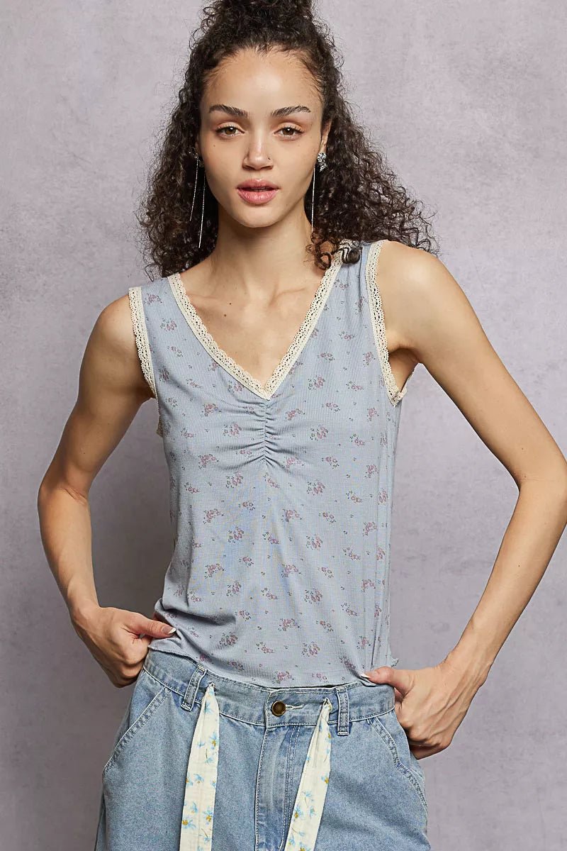 POL Ruched Floral V - Neck Tank with Lace Detail - PBNJ FASHIONS