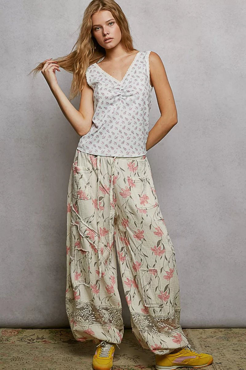 POL Ruched Floral V - Neck Tank with Lace Detail - PBNJ FASHIONS
