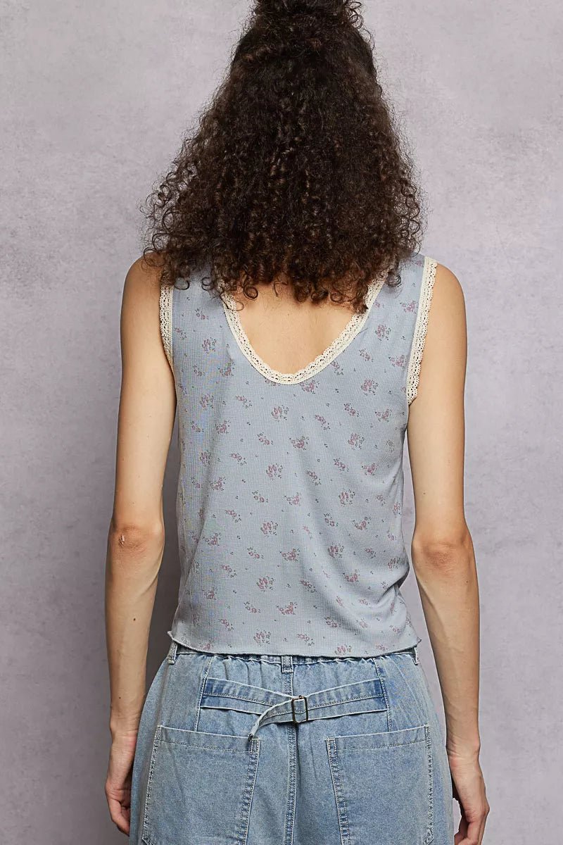 POL Ruched Floral V - Neck Tank with Lace Detail - PBNJ FASHIONS