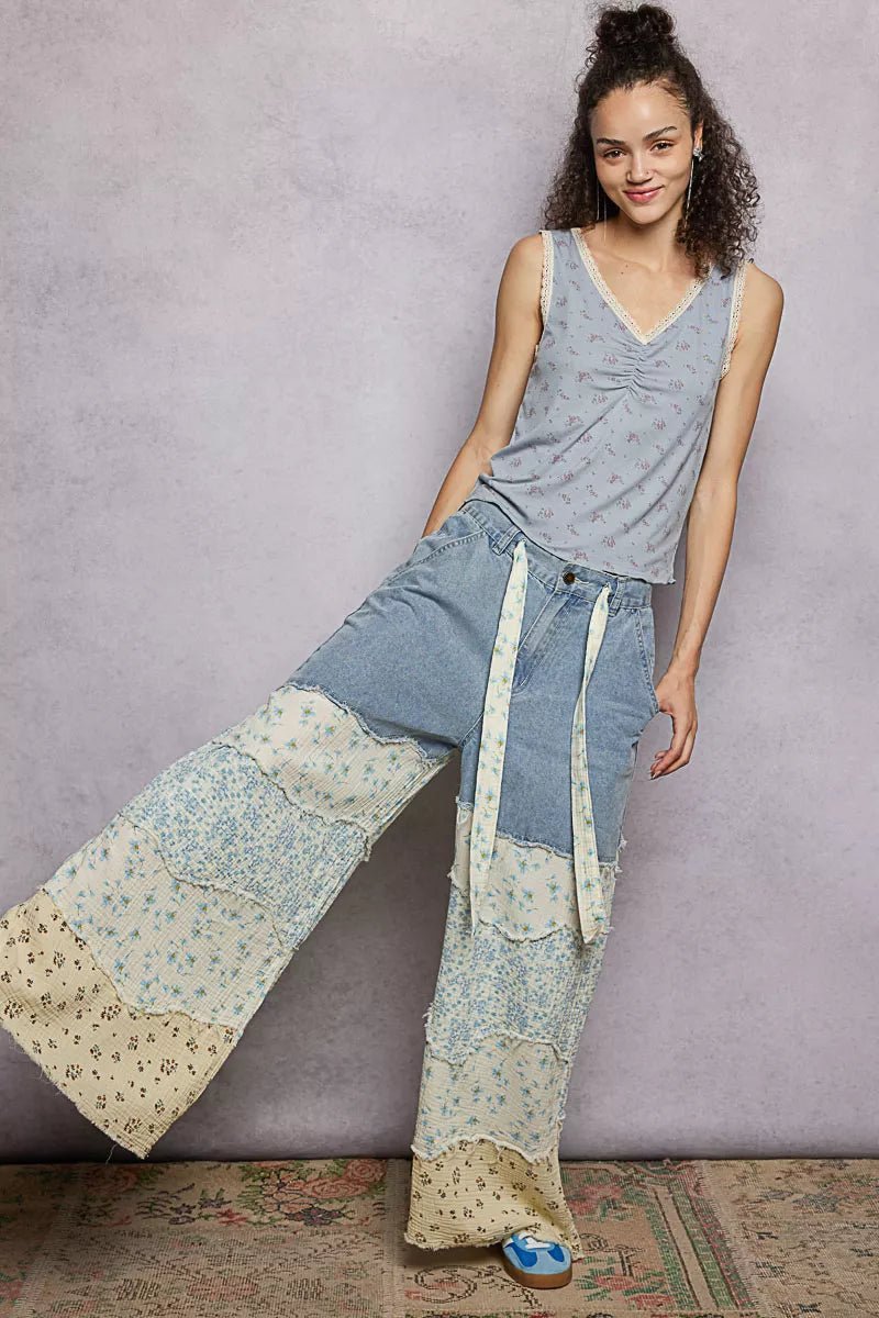 POL Ruched Floral V - Neck Tank with Lace Detail - PBNJ FASHIONS