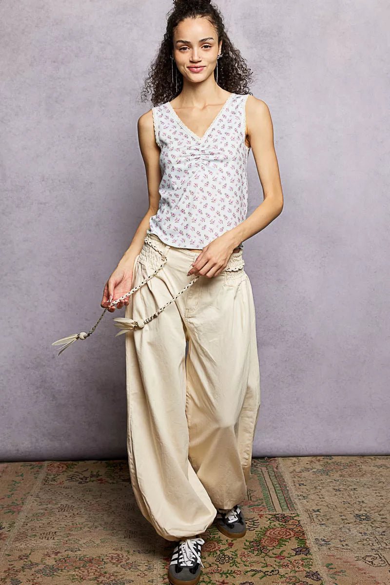 POL Ruched Floral V - Neck Tank with Lace Detail - PBNJ FASHIONS