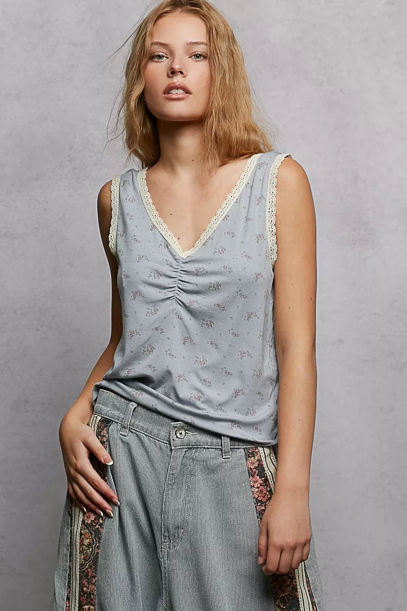 POL Ruched Floral V - Neck Tank with Lace Detail - PBNJ FASHIONS