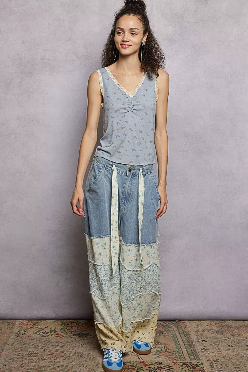 POL Ruched Floral V - Neck Tank with Lace Detail - PBNJ FASHIONS