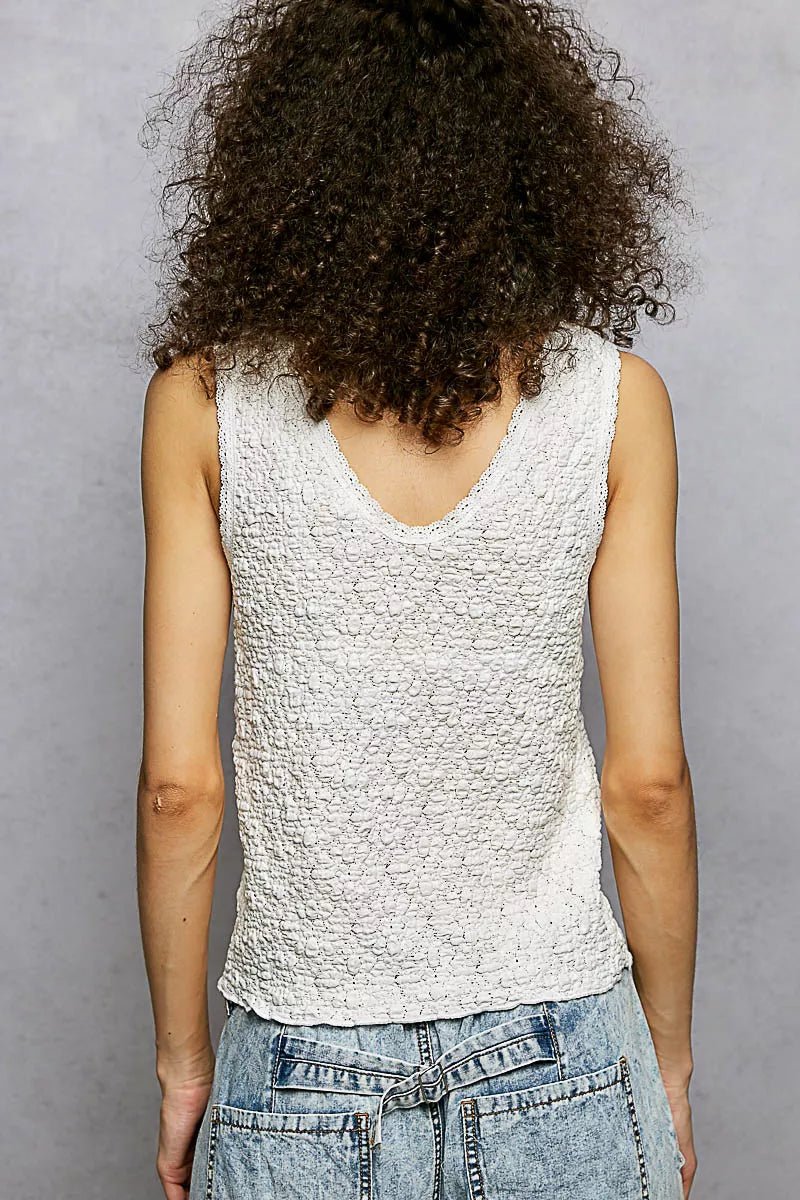 POL Textured Knit V-Neck Tank with Lace Trim - OFF WHITE-S- - PBNJ FASHIONS