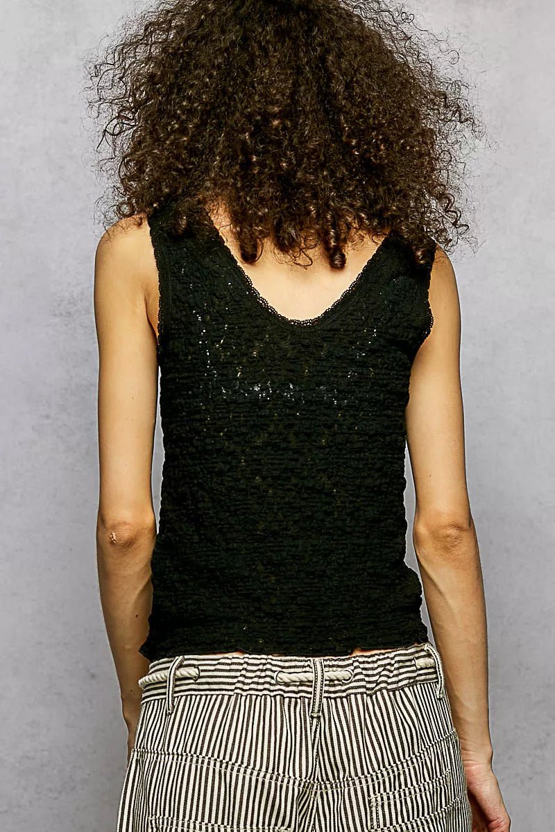 POL Textured Knit V - Neck Tank with Lace Trim - PBNJ FASHIONS