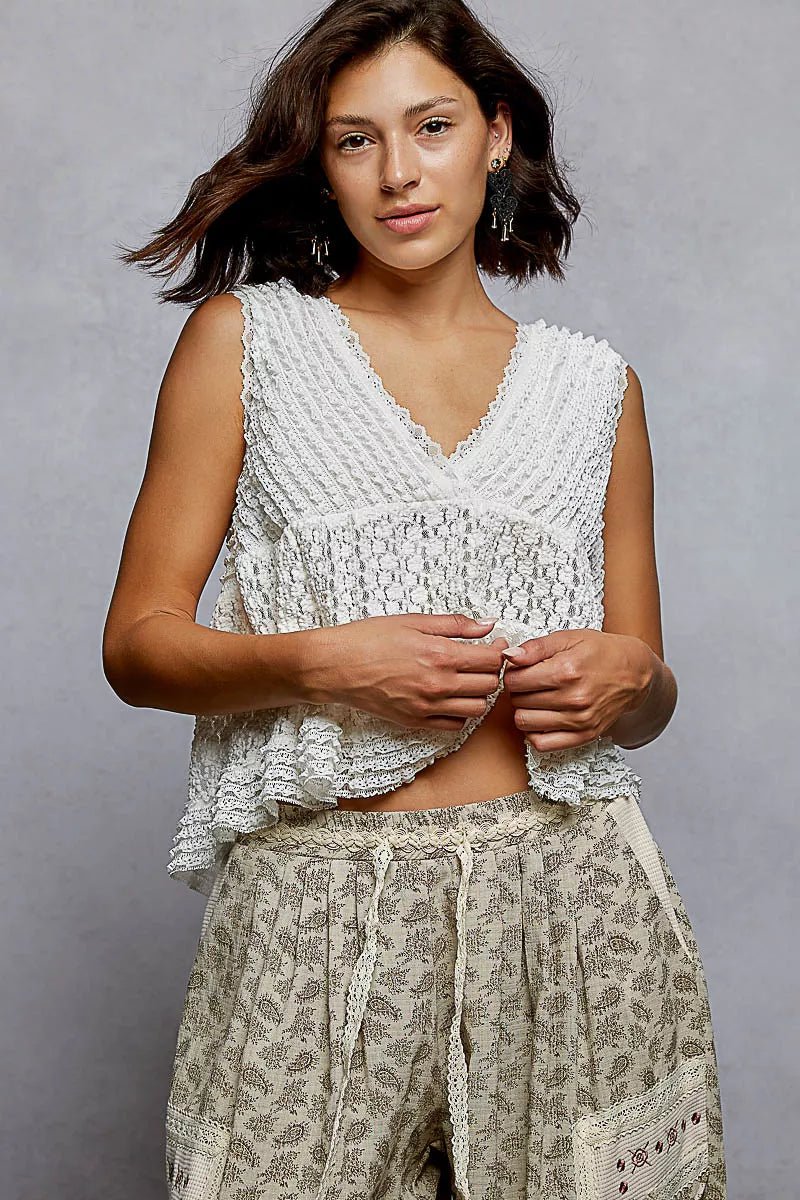 POL Textured Lace Cropped Tank with Trim Detail - PBNJ FASHIONS