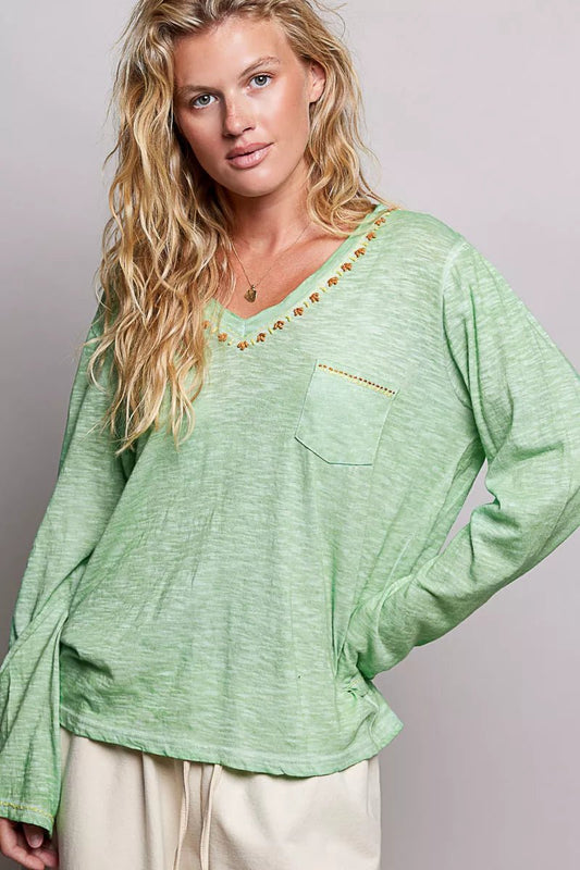 POL V-Neck Contrast Stitch Lightweight Knit Long Sleeve Top - PBNJ FASHIONS