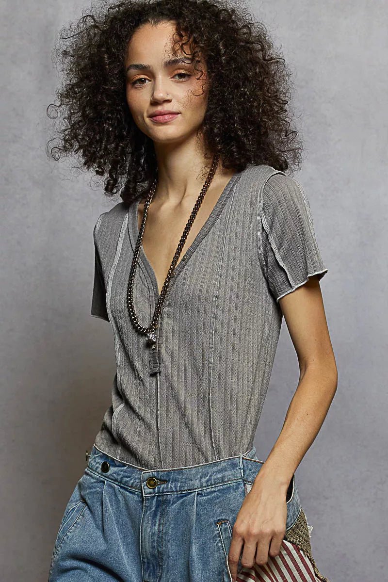 POL V - Neck Short Sleeve Top with Stitch Seam Detail - PBNJ FASHIONS