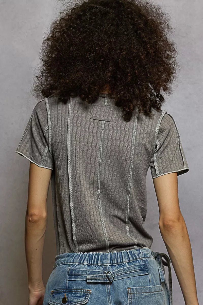 POL V - Neck Short Sleeve Top with Stitch Seam Detail - PBNJ FASHIONS