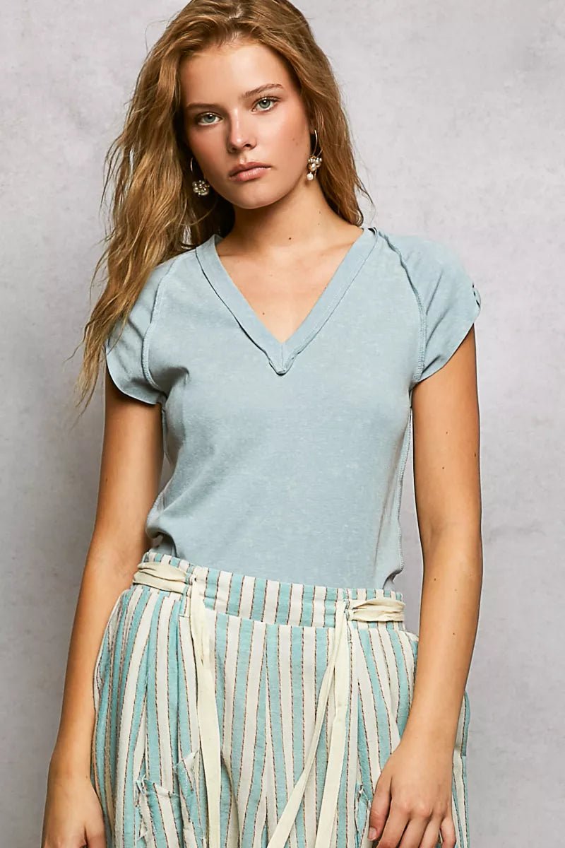 POL V - Neck Short Sleeve Washed T-Shirt with Outseam - PBNJ FASHIONS