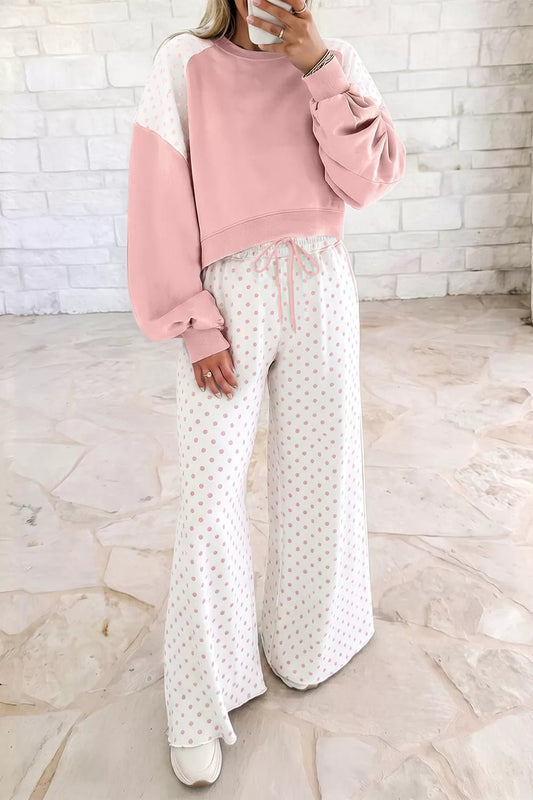 Polka Dot Cropped Sweatshirt and Wide-Leg Pants Set - PBNJ FASHIONS
