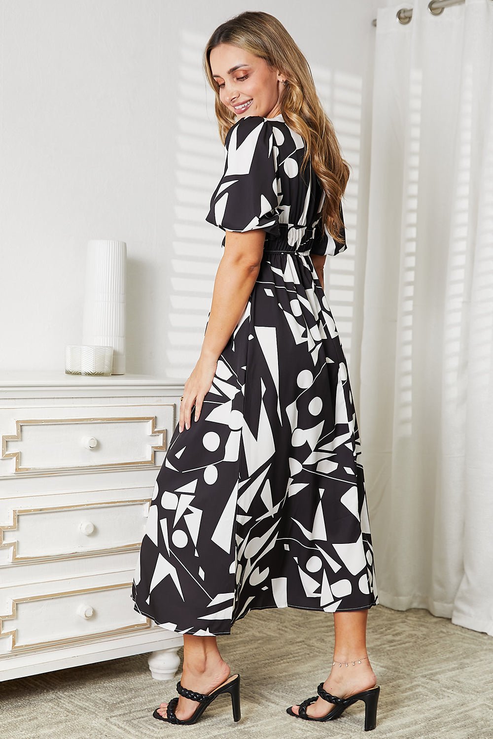 Printed Surplice Balloon Sleeve Dress - PBNJ FASHIONS