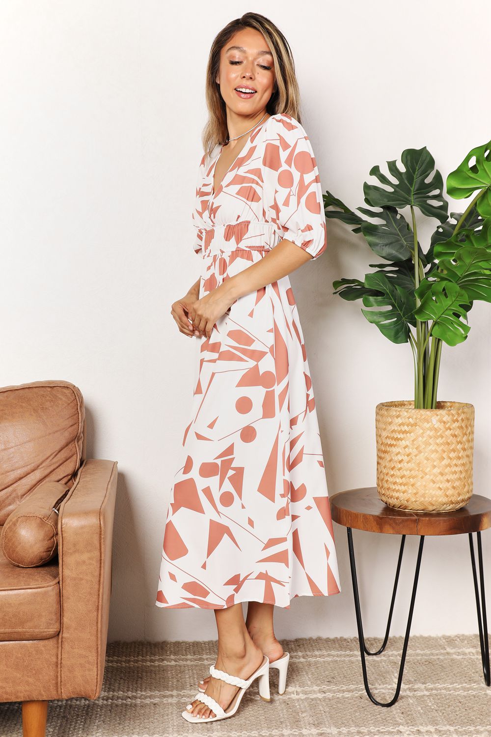 Printed Surplice Balloon Sleeve Dress - PBNJ FASHIONS