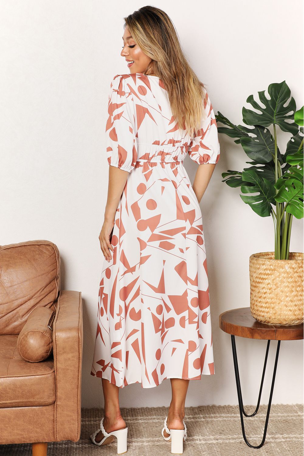 Printed Surplice Balloon Sleeve Dress - PBNJ FASHIONS