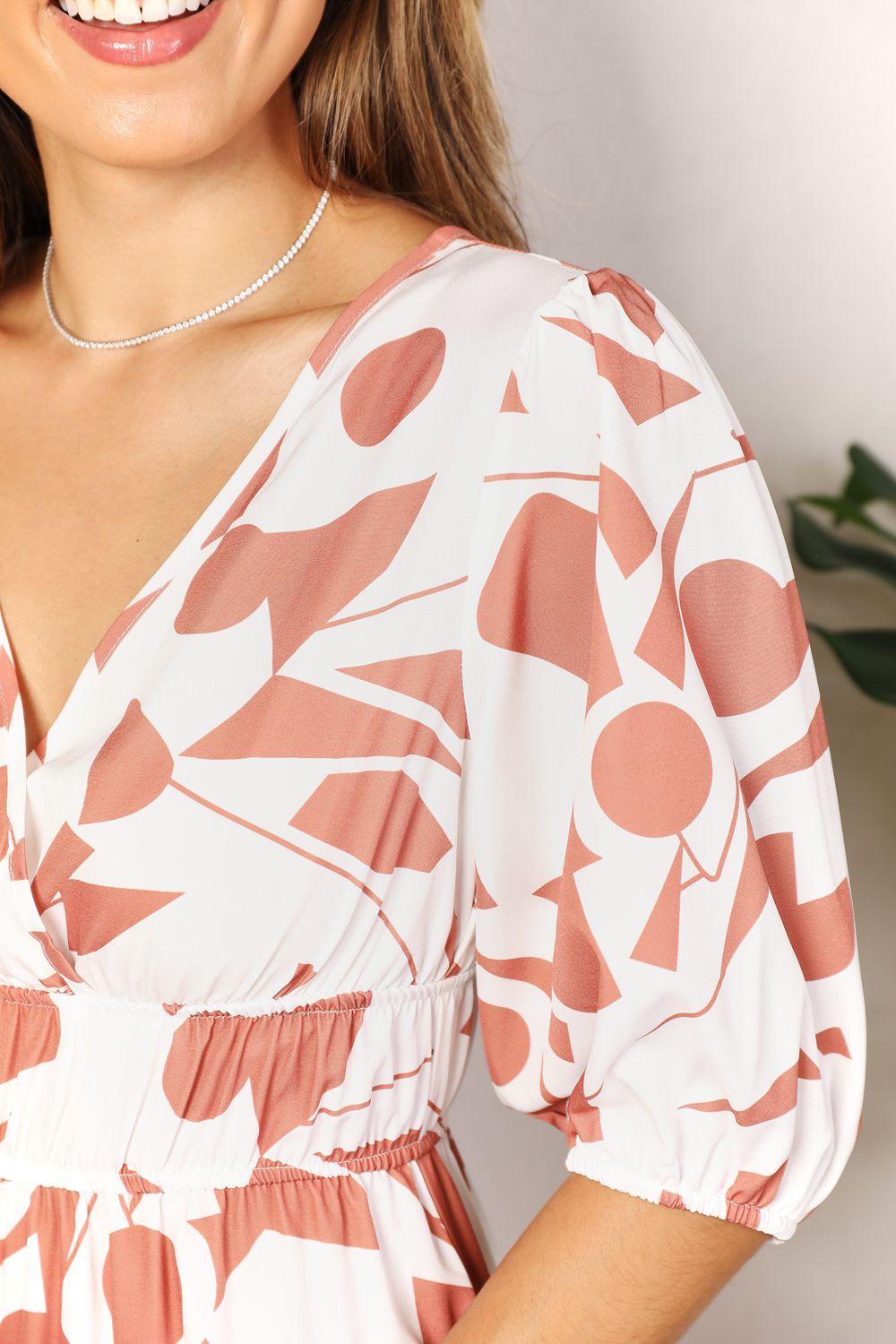 Printed Surplice Balloon Sleeve Dress - PBNJ FASHIONS