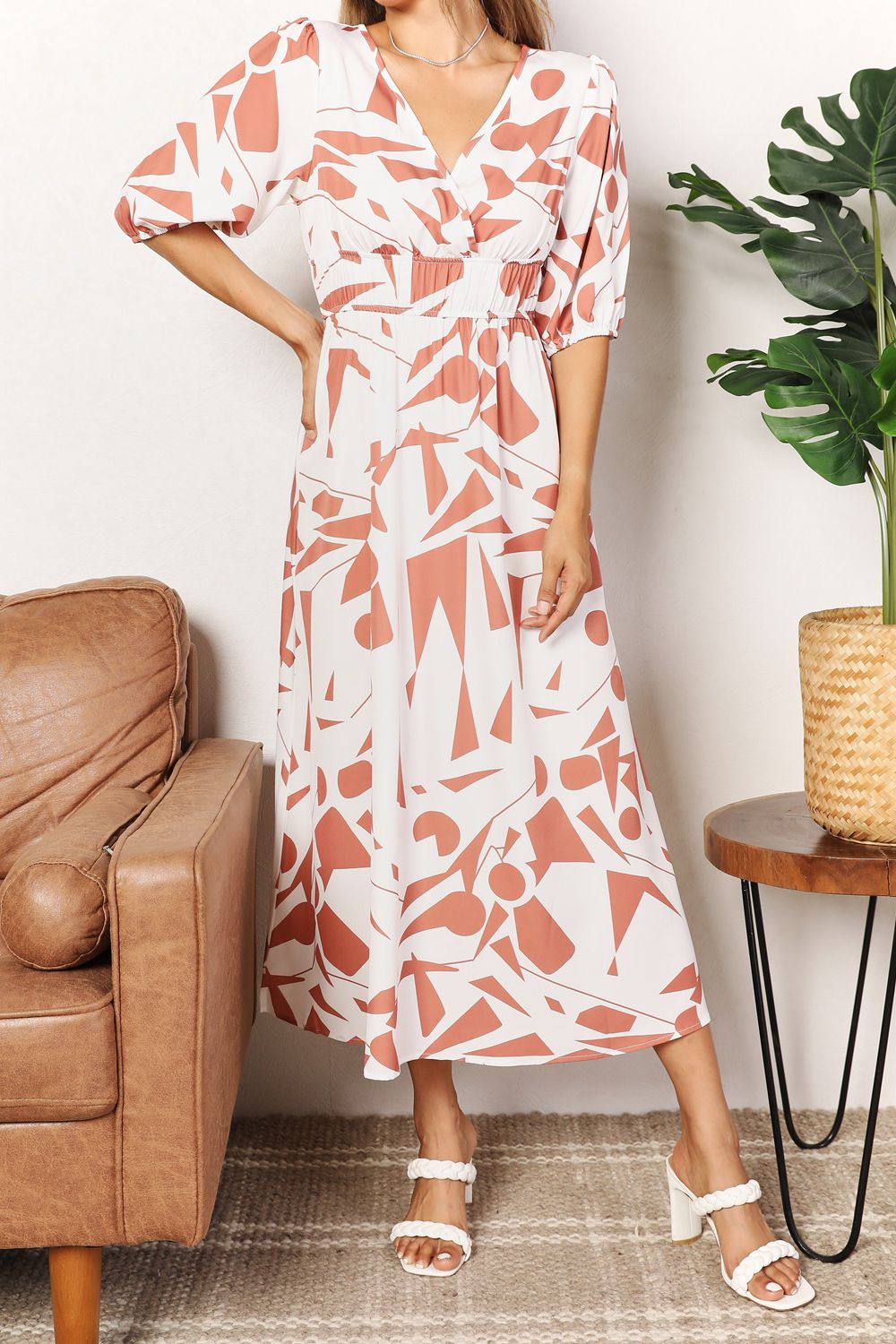 Printed Surplice Balloon Sleeve Dress - PBNJ FASHIONS