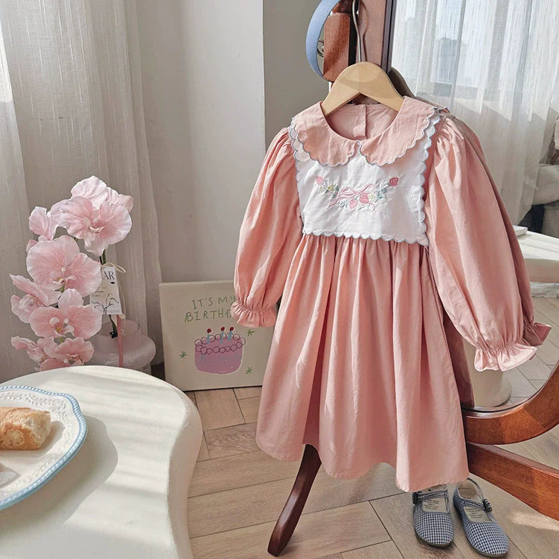 Arrival Autumn Girls Butterfly-bow and Strawberry Embroidery Pattern Long Sleeves Dress-0