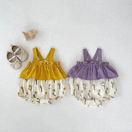 Summer Arrival Baby Girls Sleeveless Flowers Pattern Color Patchwork Strap Onesie-0