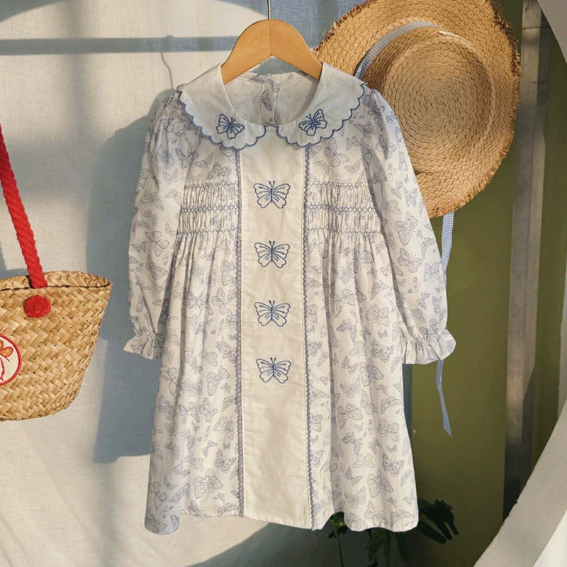 Arrival Autumn Girls Butterfly Printed and Embroidery Pattern Long Sleeves Dress-0