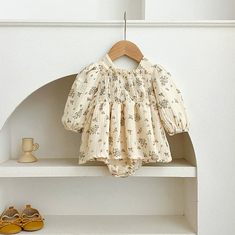 Autumn Baby Girls Flowers Pattern Long-sleeved Square Neck Onesies and Dress – Princess Sister Matching Set-3