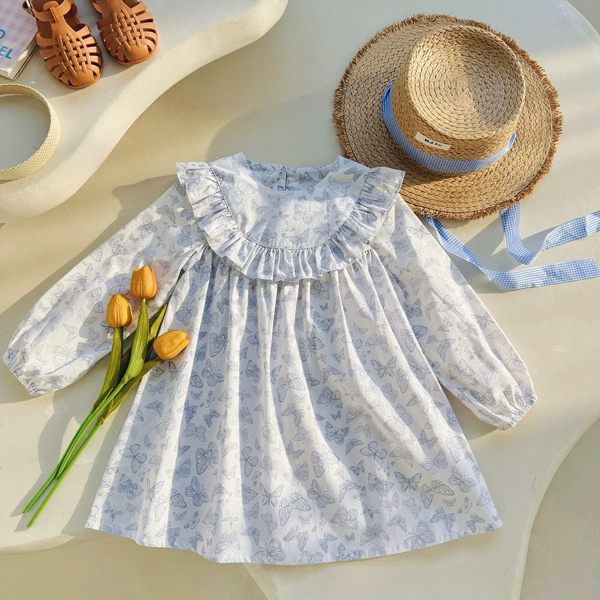 Arrival Autumn Girls Blue Butterfly Pattern Long Sleeves Dress-1