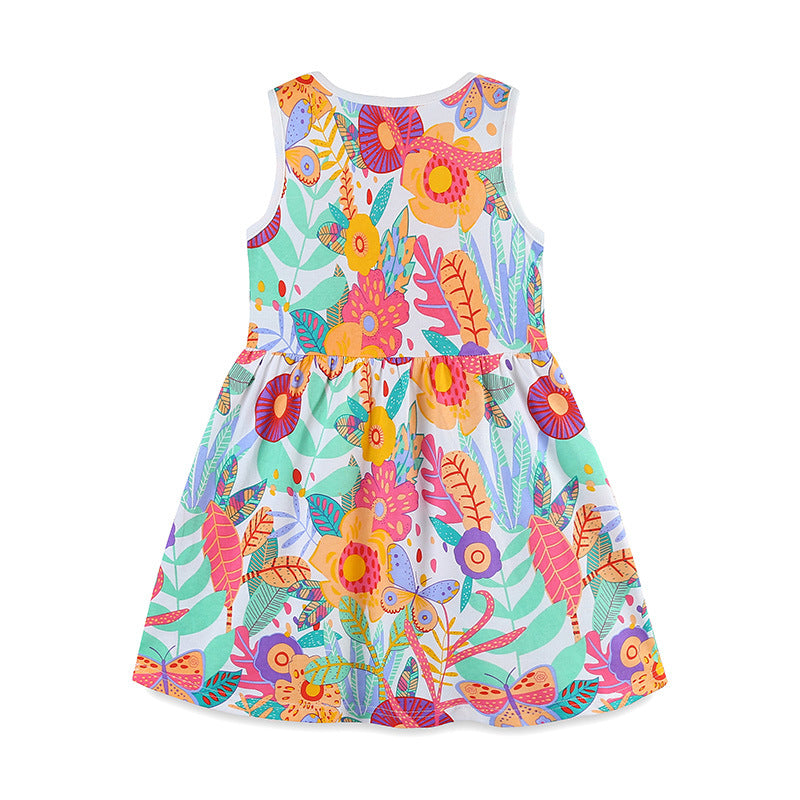 Summer Pure Cotton Cartoon Jungle Floral Pattern Sleeveless Dress for Stylish Girls-1