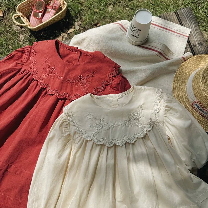 Arrival Autumn Girls Solid Color Flowers Embroidery Pattern Long Sleeves Dress-3