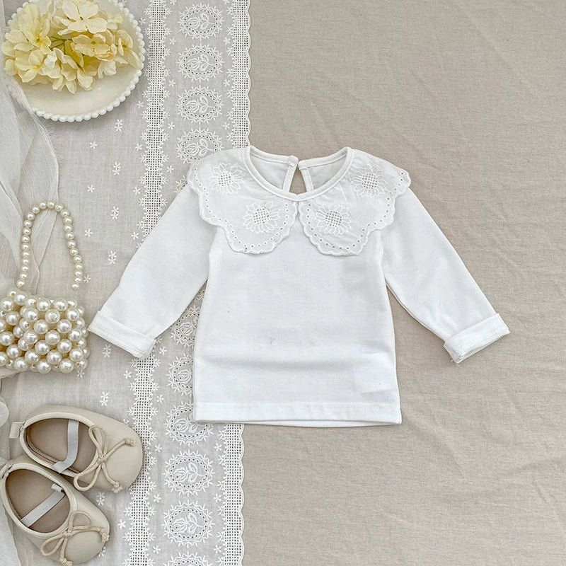 Autumn Arrival Baby Unisex Casual Thin White Long Sleeves Top with Flowers Pattern Collar-4