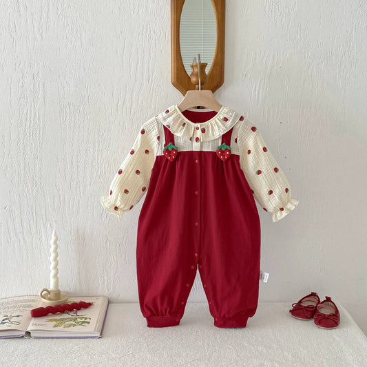 Autumn Hot Selling Baby Girls Long Sleeves Red Strawberry Pattern Color Patchwork Rompers-0