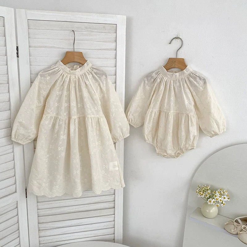 Autumn Baby Girls Butterfly-bows Pattern Embroidered Long-sleeved Onesies and Dress – Princess Sister Matching Set-0