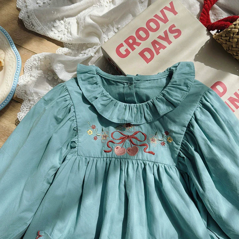 Arrival Autumn Girls Flowers and Cherry Embroidery Pattern Long Sleeves Dress-2