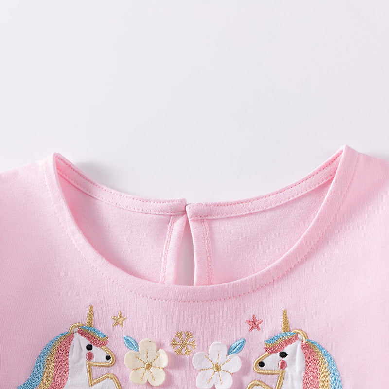 Autumn and Spring Arrival Unicorn Cartoon Pattern Long Sleeves Tulle Patchwork Dress for Stylish Girls-1