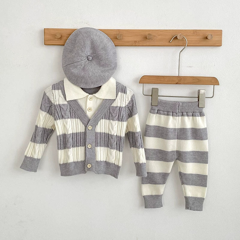 Arrival Autumn Baby Unisex Long Sleeves Striped Pattern Knitted Top Cardigan and Long Trousers Clothing Set-3