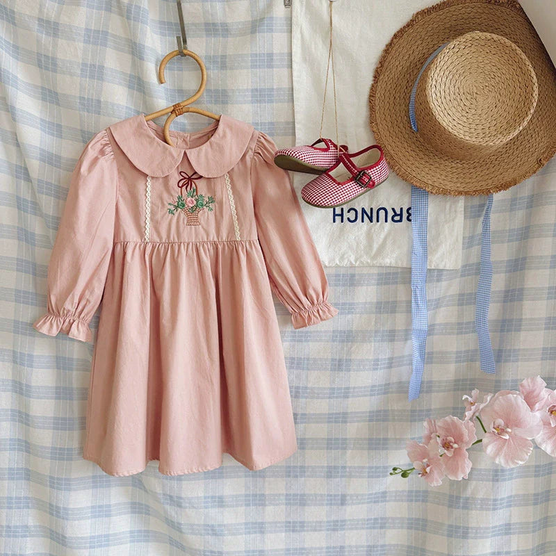 Arrival Autumn Girls Flowers Embroidery Pattern Long Sleeves Pink Dress-0