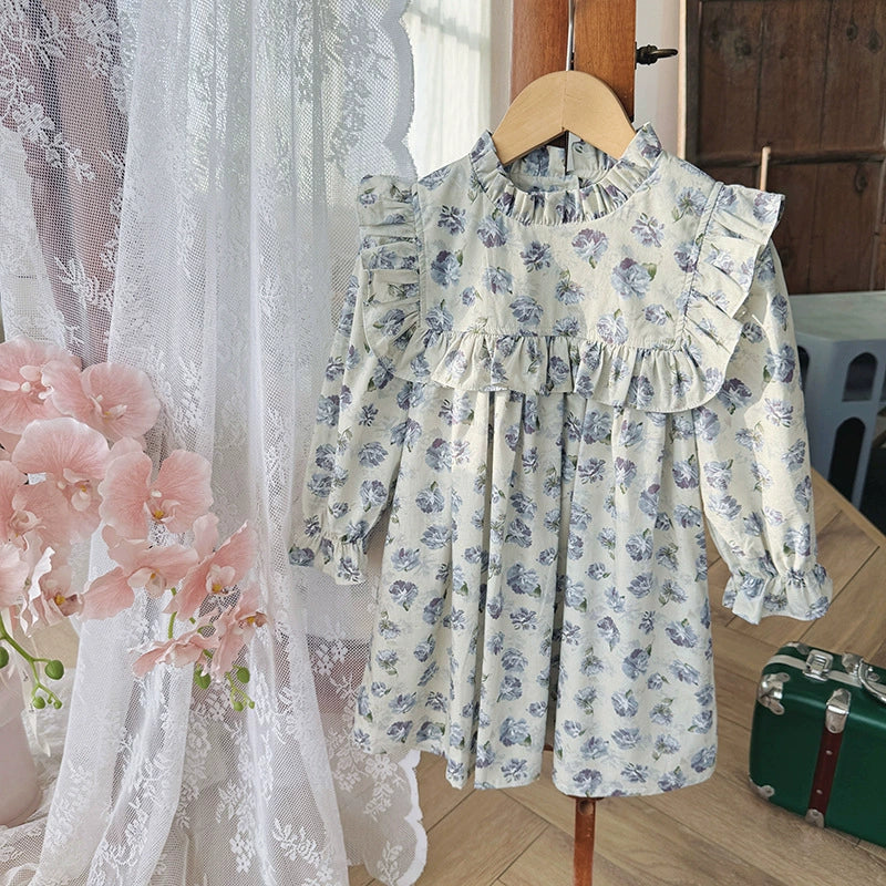 Arrival Autumn Girls Vintage Floral Pattern Long Sleeves Ruffle Neck Dress-4