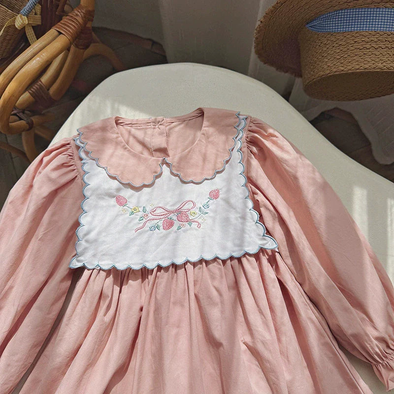 Arrival Autumn Girls Butterfly-bow and Strawberry Embroidery Pattern Long Sleeves Dress-1