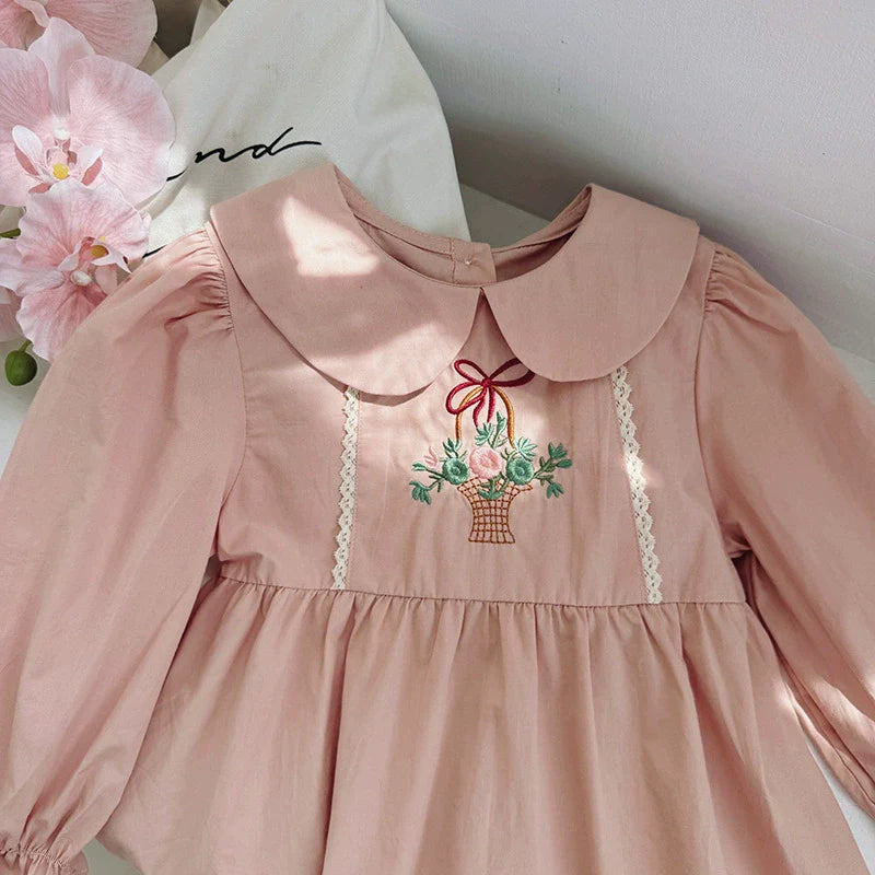 Arrival Autumn Girls Flowers Embroidery Pattern Long Sleeves Pink Dress-1