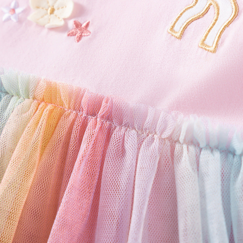 Autumn and Spring Arrival Unicorn Cartoon Pattern Long Sleeves Tulle Patchwork Dress for Stylish Girls-2