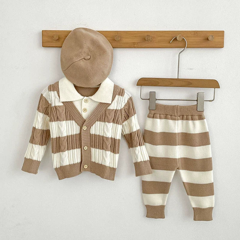 Arrival Autumn Baby Unisex Long Sleeves Striped Pattern Knitted Top Cardigan and Long Trousers Clothing Set-4