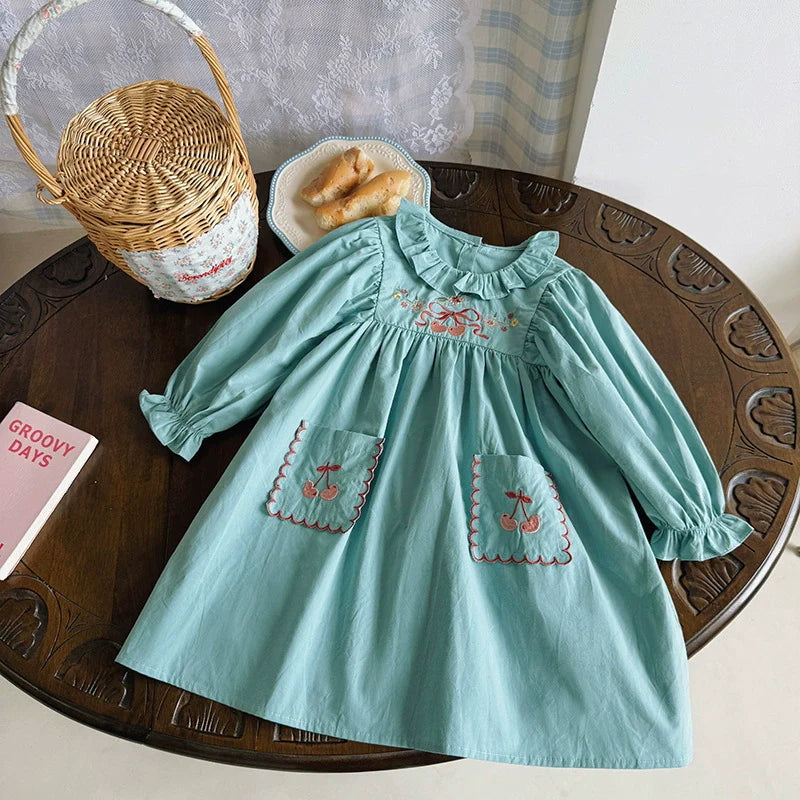 Arrival Autumn Girls Flowers and Cherry Embroidery Pattern Long Sleeves Dress-3