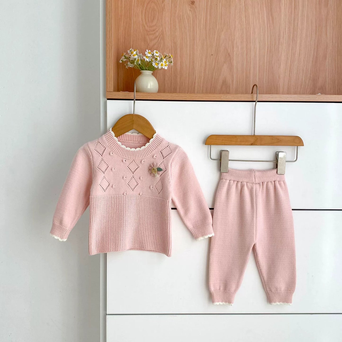 Arrival Autumn Baby Girls Long Sleeves Geometric Pattern Knitted Top Sweater and Long Trousers Clothing Set-4