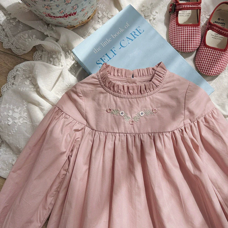 Arrival Autumn Girls Flowers Embroidery Pattern Long Sleeves Ruffle Neck Dress-2