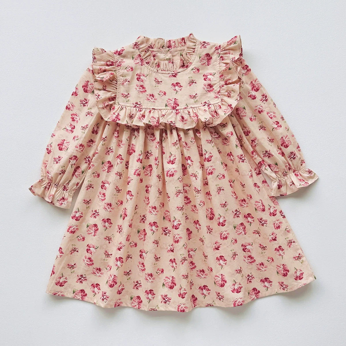 Arrival Autumn Girls Vintage Floral Pattern Long Sleeves Ruffle Neck Dress-2