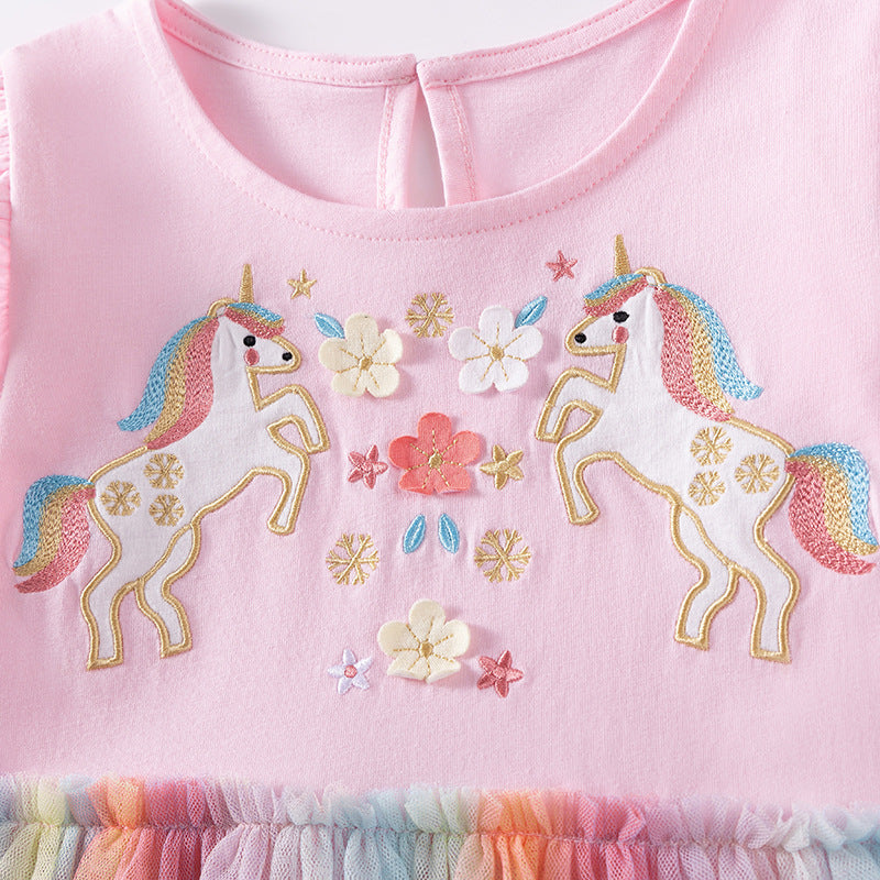 Autumn and Spring Arrival Unicorn Cartoon Pattern Long Sleeves Tulle Patchwork Dress for Stylish Girls-3