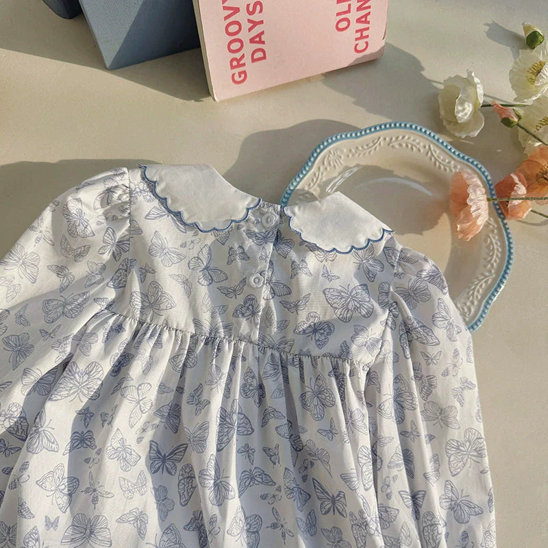 Arrival Autumn Girls Butterfly Printed and Embroidery Pattern Long Sleeves Dress-2