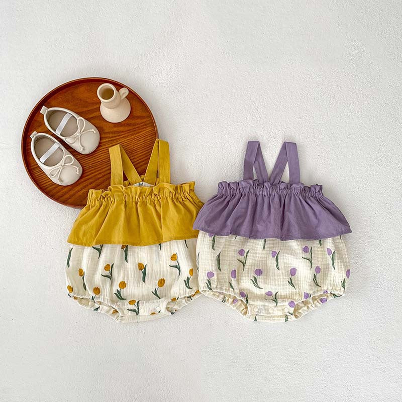 Summer Arrival Baby Girls Sleeveless Flowers Pattern Color Patchwork Strap Onesie-4