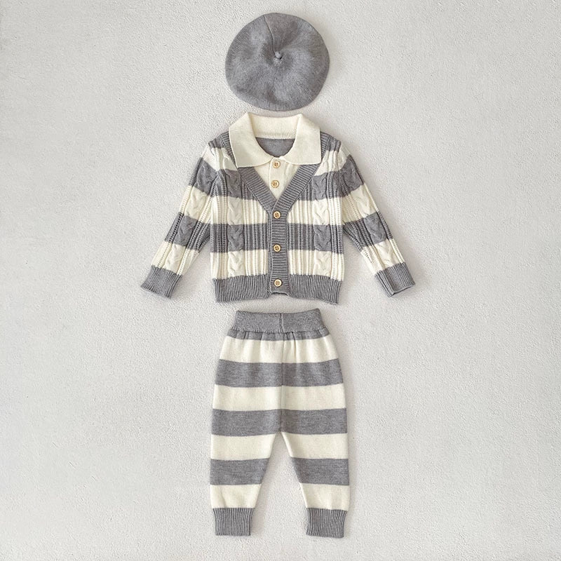 Arrival Autumn Baby Unisex Long Sleeves Striped Pattern Knitted Top Cardigan and Long Trousers Clothing Set-1