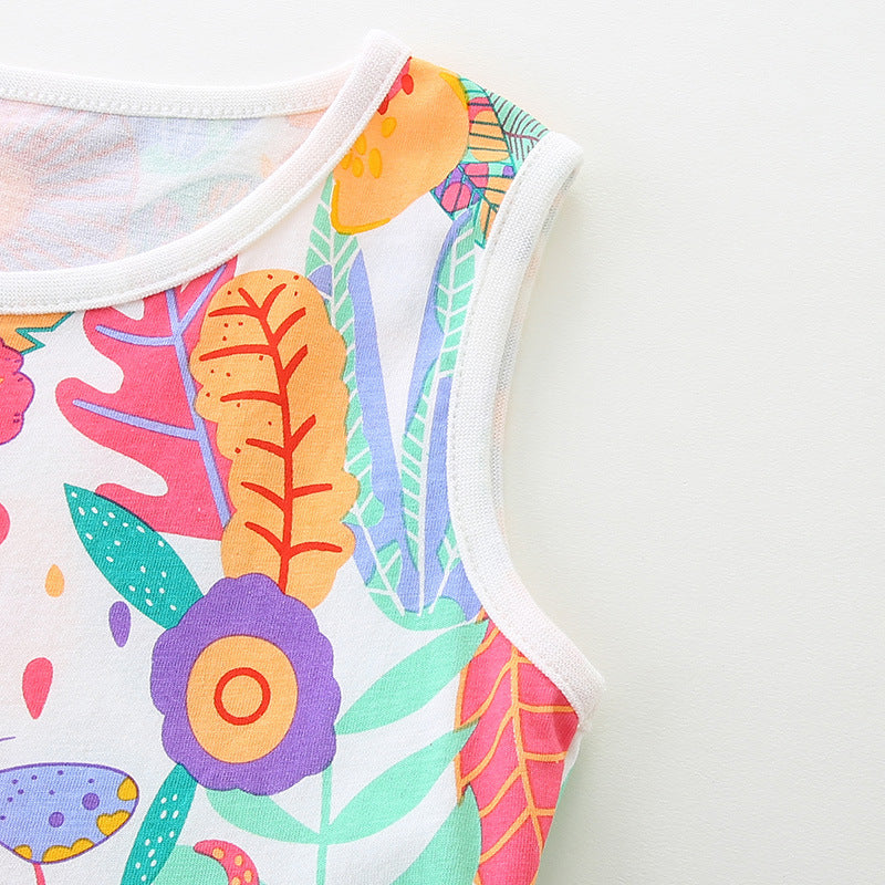 Summer Pure Cotton Cartoon Jungle Floral Pattern Sleeveless Dress for Stylish Girls-3