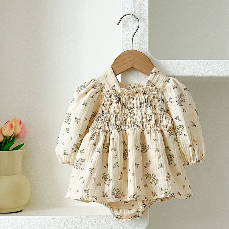 Autumn Baby Girls Flowers Pattern Long-sleeved Square Neck Onesies and Dress – Princess Sister Matching Set-1